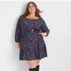 3/4-Sleeve Square-Neck Tiered Fit & Flare Dress